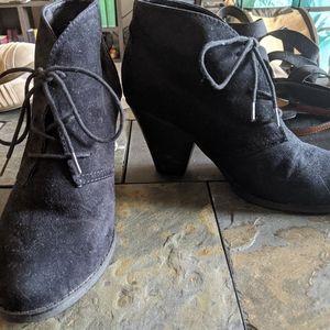 Black stacked heel booties